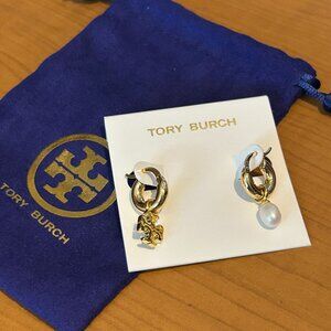 Tory Burch Logo Charm & Pearl Hoop Earrings